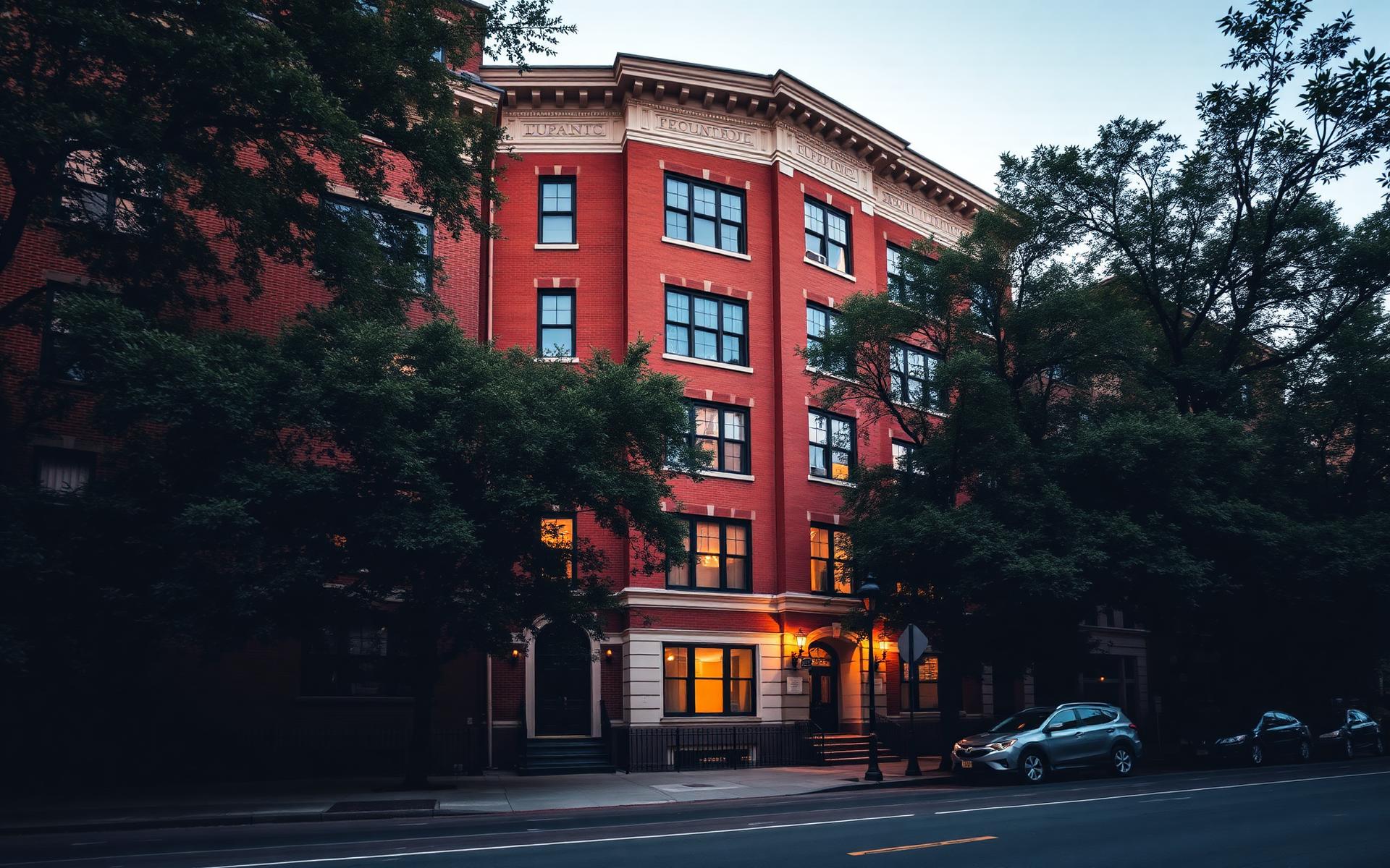 A stately brick multifamily building at golden hour on a residential New York street